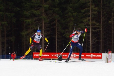 Tim Burke skiing with Andreas Birnbacher of Germany. After struggling to stay healthy this season, Burke led the team in the World Championships sprint.