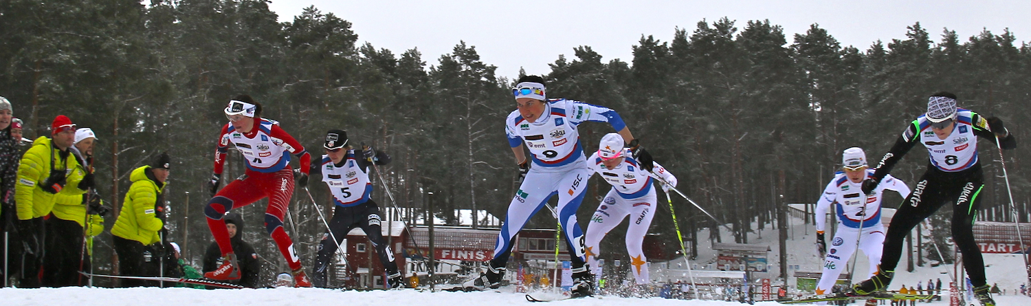 American Sophie Caldwell of the Stratton Mountain School T2 Team (second from l) holding her own in the Scando Cup 1.1 k freestyle sprint on Sunday in Pärnu, Estonia. Caldwell finished second to Norway's Kari Vikhagen Gjeitnes (l). (Photo: Reese Hanneman/Engine Room Media.net)