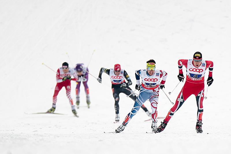 U.S. anchor Billy Demong (c) works to hold off Austria's Mario Stecher (l) and Yusuke Minato of Japan (second from l) while sprinting into the stadium behind eventual winner Jason Lamy Chappuis of France (second from r) and Norway's silver-medalist Magnus Moan. The Americans secured bronze for their first medal in a team event at World Championships. (Photo: Fiemme2013)