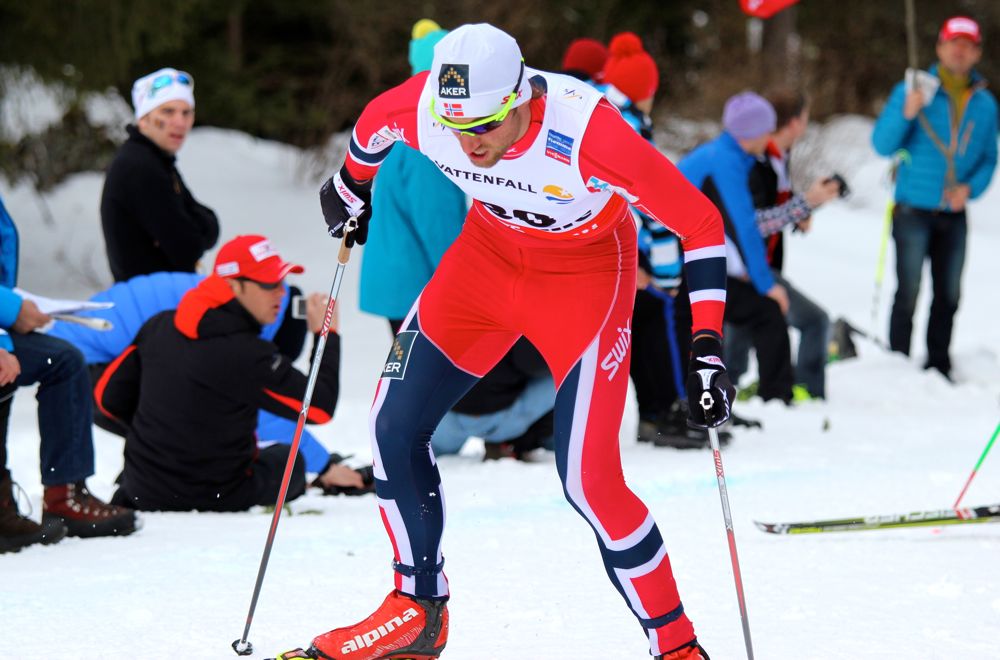 Petter Northug charging hard up to the high point of the course on his second of three laps in the men's 15 k freestyle individual start at the 2013 World Championships on Wednesday in Val di Fiemme, Italy. Northug won the race by 11.8 seconds for his first individual start world title. 