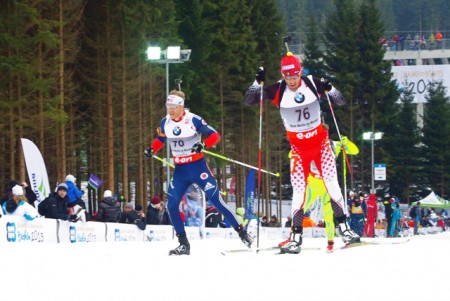 Lowell Bailey (left) skiing with Scott Perras of Canada on his final loop of racing.