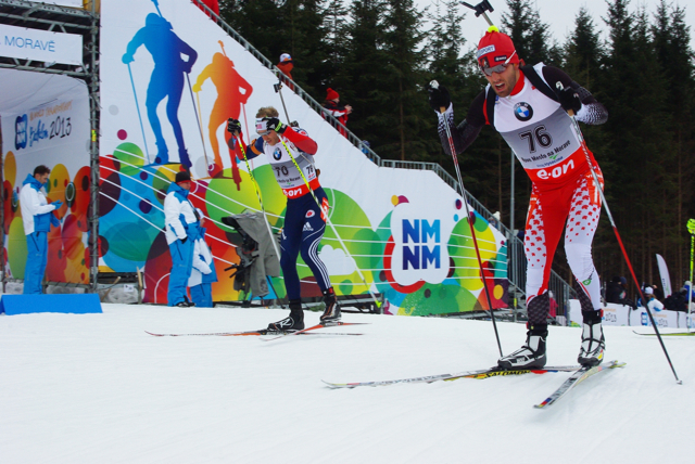 Scott Perras (right) competing at 2013 World Championships; he topped Canadian trials rankings in Canmore this week.