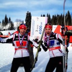 Perianne Jones (l) and Dasha Gaiazova having some fun after notching their first podium together with bronze in the classic team sprint at the Sochi World Cup on Sunday. (Photo: Chandra Crawford)