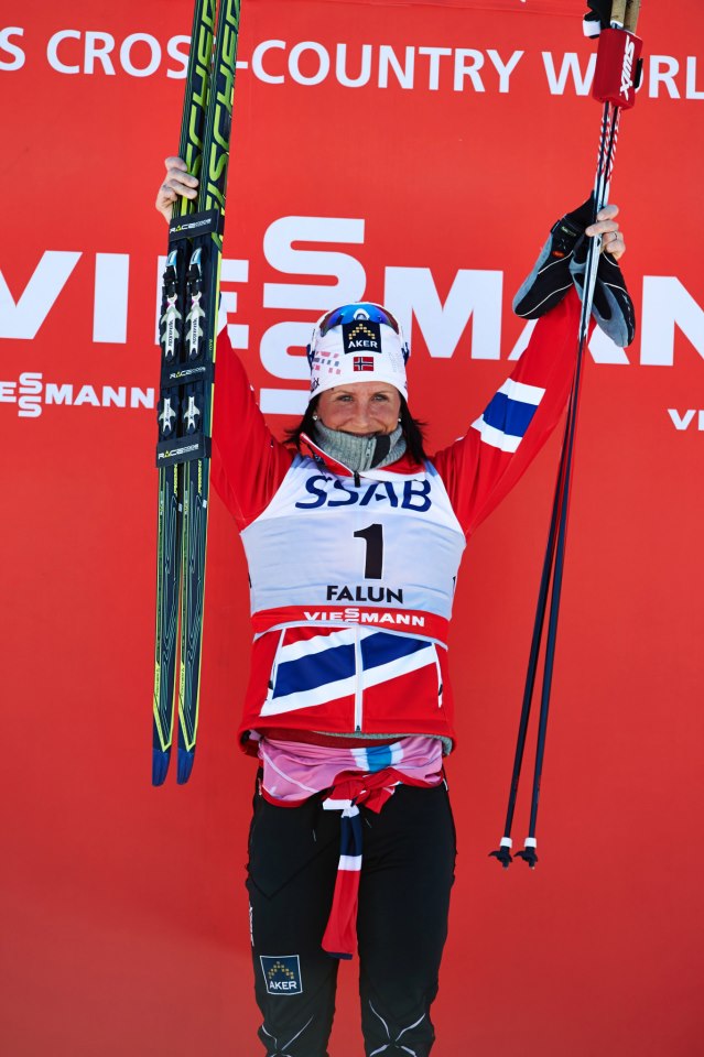 Norway's Marit Bjørgen tops the podium for the second straight day at World Cup Finals in Falun, Sweden, after winning Saturday's 10 k classic mass start and leading a Norwegian top-three sweep. (Photo: Fischer/Nordic Focus; facebook.com/FIS Cross Country)