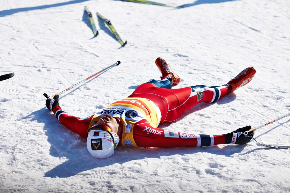 Petter Northug after an exhausting fourth-place finish in Saturday's 15 k classic mass start at 2013 World Cup Finals in Falun, Sweden. (Photo: Fischer/Nordic Focus; facebook.com/FIS Cross Country)