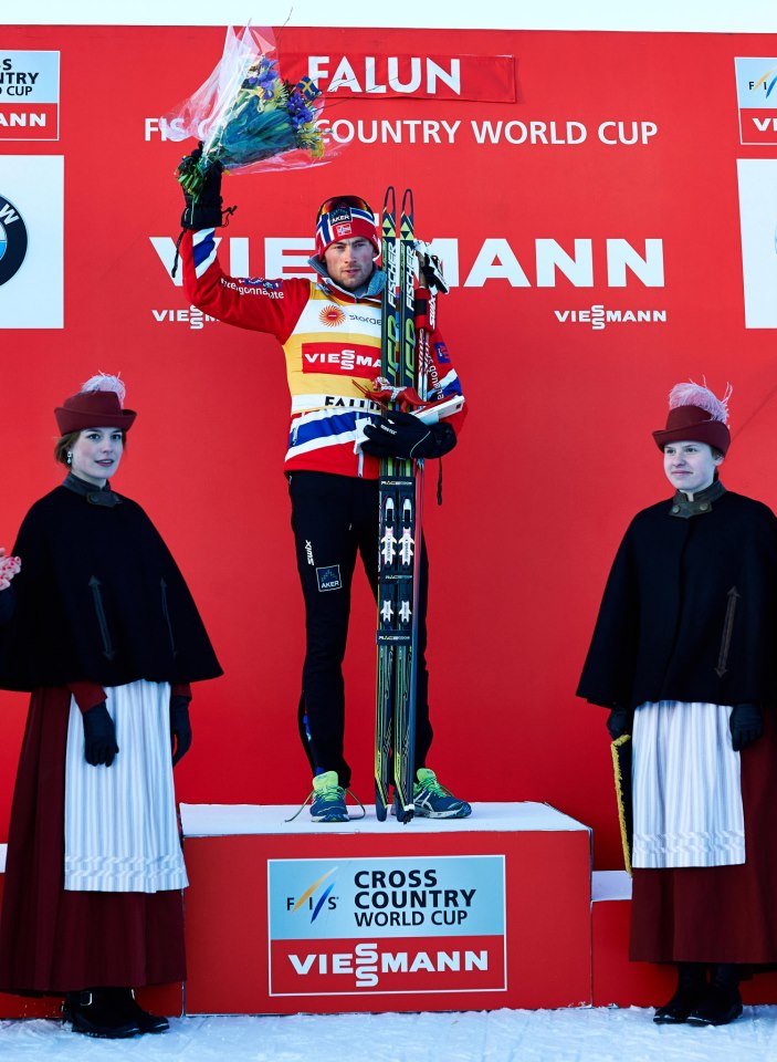 Norway's Petter Northug tops the podium for the second time in as many races at 2013 World Cup Finals on Friday after winning the 2.5 k freestyle prologue by 2.1 seconds in Falun, Sweden. (Photo: Fischer/Nordic Focus; facebook.com/FIS Cross Country)