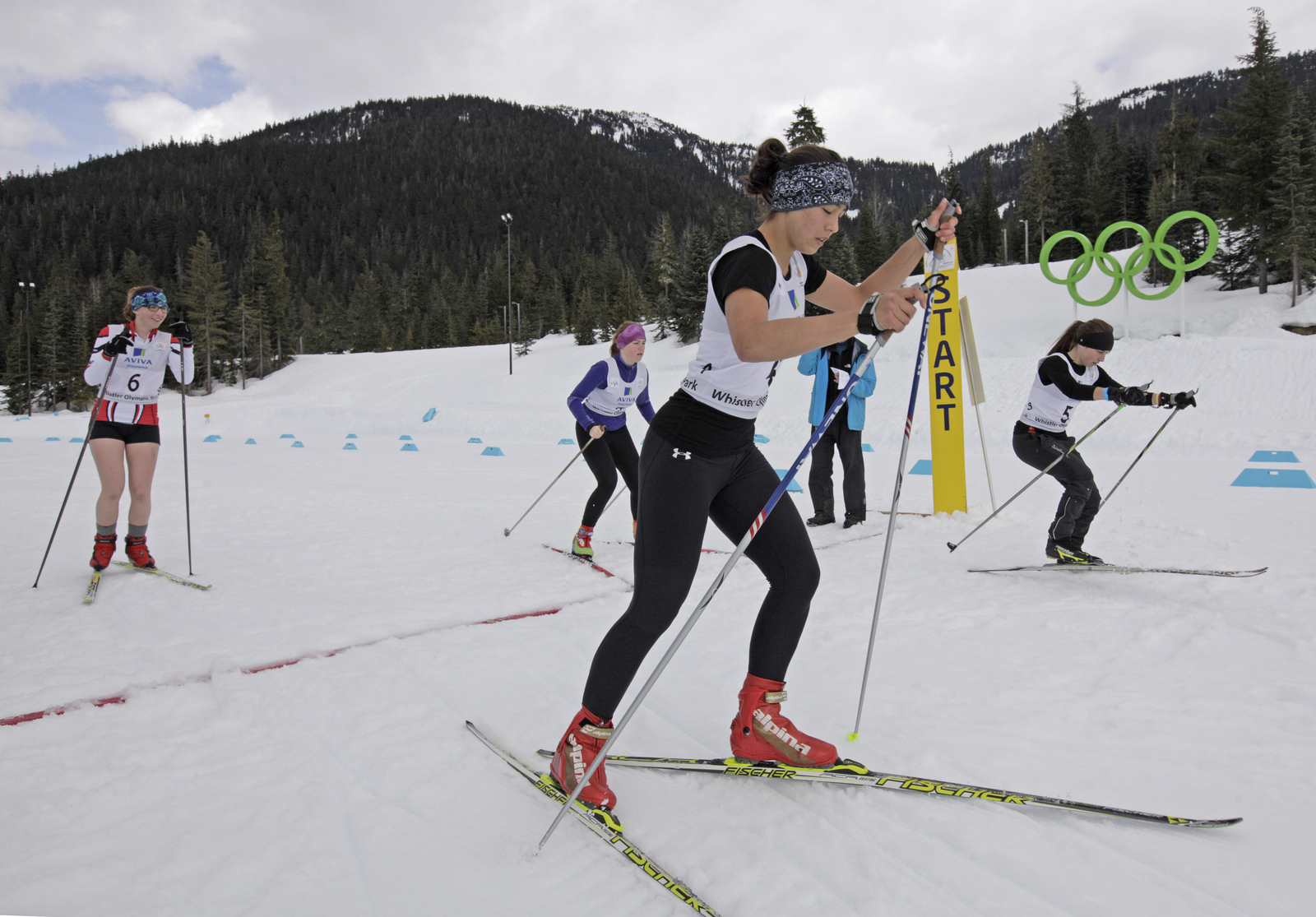 Female Nordic Combined skiers starting Friday's 5 k at 2013 Canadian Nationals in Whistler, B.C. (Photo: Jim Hegan)