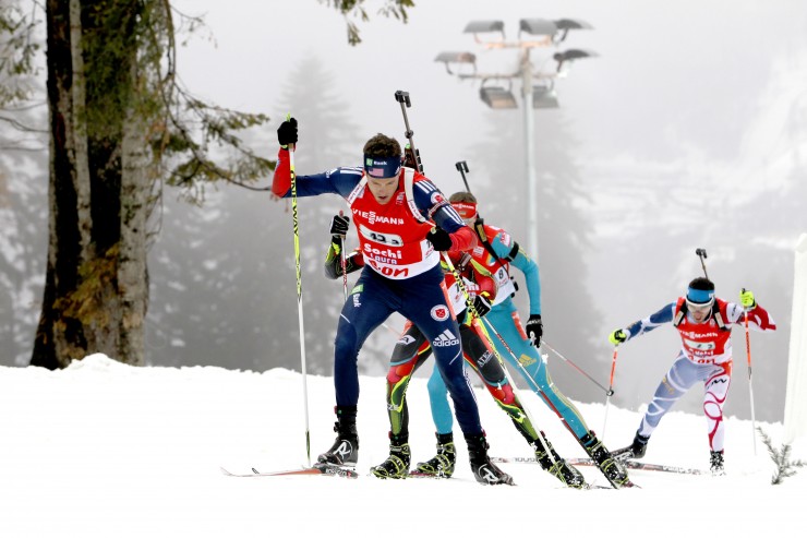 Tim Burke (USA) skiing the second leg of the 4 x 7.5 k relay in Sochi, Russia, on Sunday. Photo: USBA/NordicFocus.