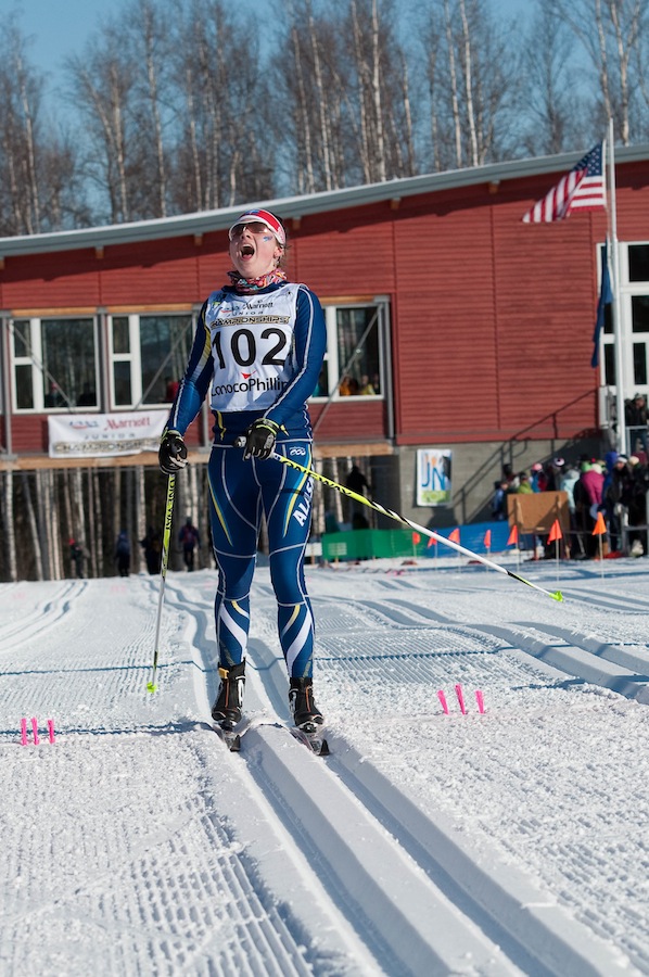An excited Marion Woods (Alaska Winter Stars) at the finish of Saturday's J1 girls 10 k classic mass start at the 2013 Junior Nationals in Fairbanks, Alaska. Woods was the top American in third behind Norwegians Tiril and Lotta Weng. (Photo: bertboyer.zenfolio.com. Proceeds go to NNF)