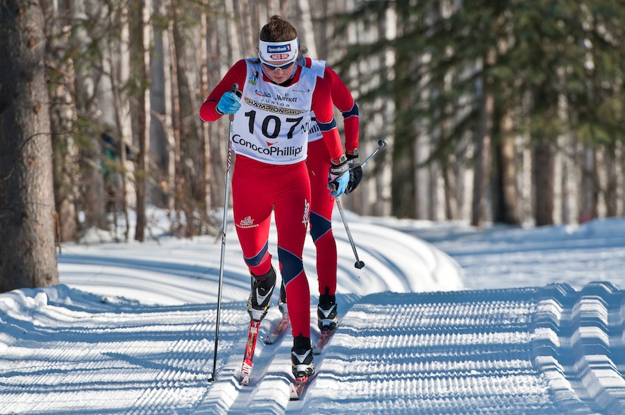 Norwegian twins Tiril and Lotta Weng on their way to another 1-2 finish at 2013 Junior Nationals on Saturday, this time in the J1 girls 10 k classic mass start in Fairbanks, Alaska. (Photo: bertboyer.zenfolio.com. Proceeds go to NNF)