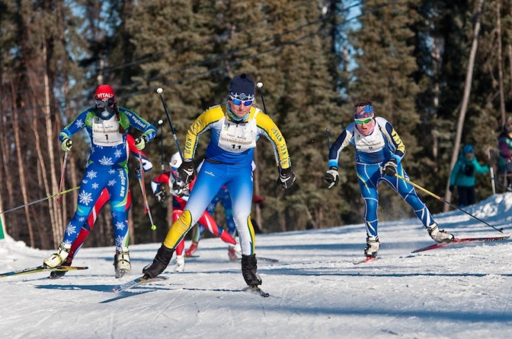 Hannah Halvorsen (Sugar Bowl Academy) leads New England's Julia Kern (1)  and Alaska's Lydia Blanchet (2) in Thursday's J2 girls freestyle sprint A-final at the 2013 Junior Nationals in Fairbanks, Alaska. Blanchet went on to win, Kern was second and Halvorsen placed third. (Photo: 