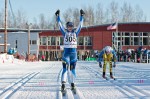 Hannah Boyer (Alaska) celebrates her OJ girls 10 k victory over Felicia Gesior (Great Lakes) on Saturday at 2013 Junior Nationals in Fairbanks, Alaska. (Photo: bertboyer.zenfolio.com. Proceeds go to NNF)
