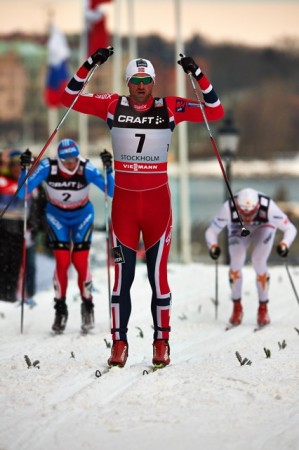 Petter Northug celebrates his classic sprint victory in Stockholm on Wednesday.  (Photo: Fischer/Nordic Focus)