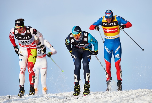 Canadian Devon Kershaw leads Kazakhstan's Alexey Poltoranin (second from r), Russia's Alexander Legkov (r) and Sweden's Daniel Richardsson during Wednesday's 1.1 k classic sprint quarterfinal at the World Cup Finals in Stockholm. (Photo: Fischer/Nordic Focus)