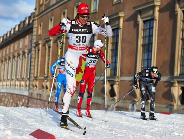 Canadian Lenny Valjas takes on American Andy Newell (r), Norway's Tomas Northug (c) and Italian Giorgio Di Centa in the quarterfinals of Wednesday's World Cup Finals 1.1 k classic sprint in Stockholm. The only one in his heat on classic skis, Valjas went did not advance in fourth and placed 20th overall. (Photo: Fischer/Nordic Focus)