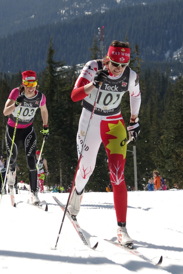 Dasha Gaiazova leads Switzerland's Bettina Gruber in Thursday's 1.4 k classic sprint A-final at Canadian Nationals in Whistler, B.C. Gaiazova won the final ahead of Gruber and Canadian World Cup teammate Perianne Jones, respectively. (Photo: Martin Kaiser)