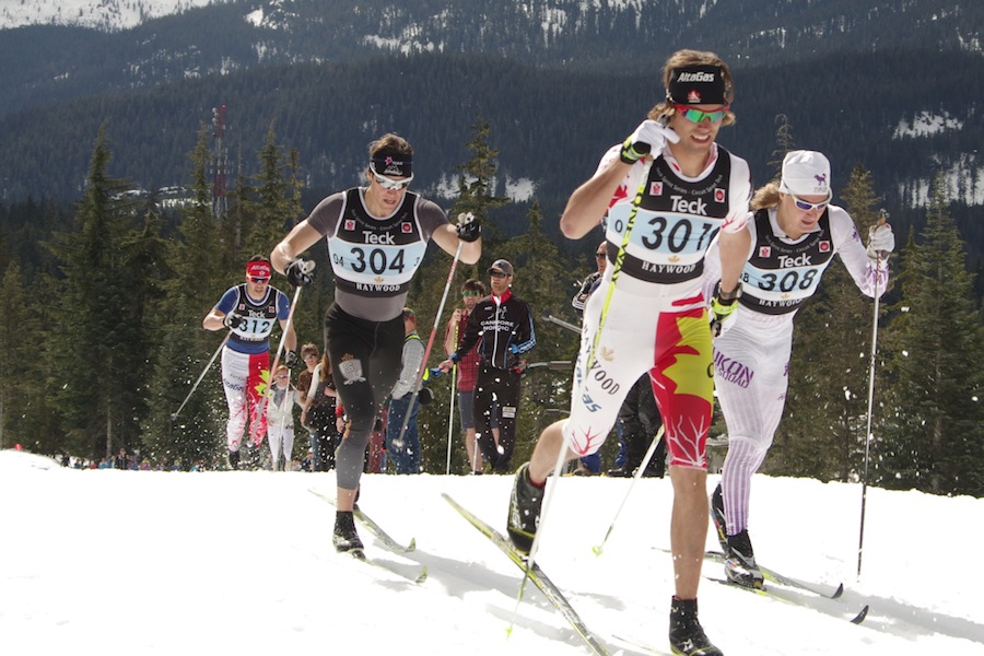 Lenny Valjas of the Canadian World Cup Team leads Phil Widmer of the AWCA (l) and Knute Johnsgaard of the Yukon Elite Squad (r) in Thursday's  1.6 k classic sprint A-final at Canadian Nationals in Whistler, B.C. Valjas went on to beat Graham Nishikawa and Widmer, who were second and third, respectively, for the title. (Photo: Martin Kaiser)