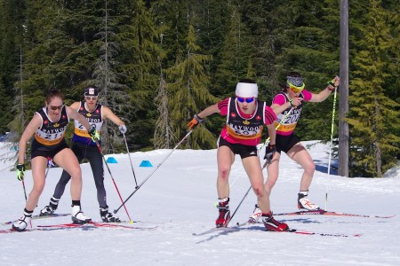Japan's Chisa Obayashi (second from r) leads a group after crashing early in Saturday's 30 k freestyle mass start at Canadian Nationals in Whistler, B.C. Eventual winner, Bettina Gruber of Switzerland (r), runner-up Zina Kocher (l) and Heidi Widmer (second from l) follow. (Photo: Martin Kaiser)