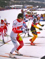 Canada's scramble leg, Dasha Gaiazova scrambling for Canada in the 4 x 5 k relay at 2013 World Championships in Val di Fiemme, Italy. An early contender for the top three, Gaiazova fell off the pace on the second lap and tagged Perianne Jones in 11th.