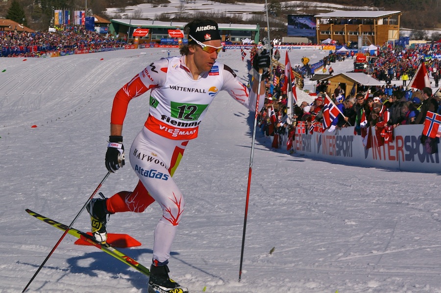 Canada's Devon Kershaw tries to stay in contention on the second leg of Friday's 4 x 10 k relay at World Championships in Val di Fiemme, Italy. He finished his leg 12th and the Canadians finished in the same position.