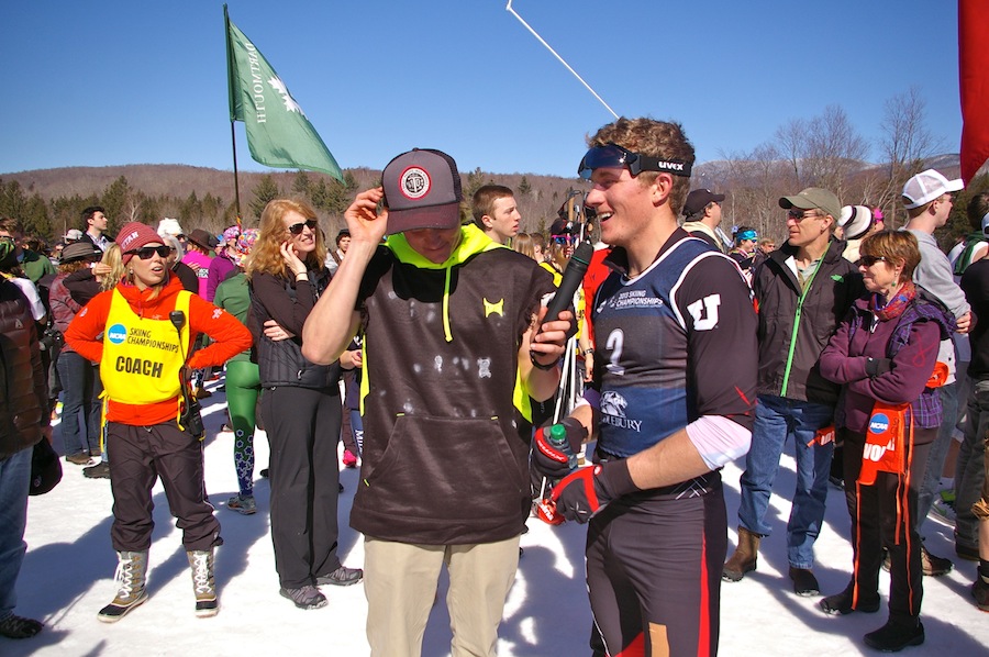 Miles Havlick (r), the 2013 NCAA 20 k freestyle mass start champion, during a post-race interview with the NCAA announcer on Saturday at Rikert Nordic Center in Ripton, Vt.