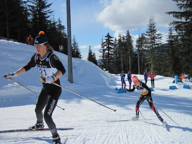 Heidi Widmer (Foothills) leads Anne-Marie Comeau (MSA) in the semifinal of Saturday's freestyle team sprint at 2013 Canadian Nationals in Whistler, B.C. Widmer and her teammate Marlis Kromm went on to win the final. 