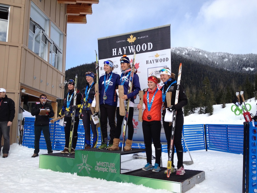 Women's freestyle team sprint podium at 2013 Canadian Nationals, with Marlis Kromm and Heidi Widmer of Foothills Nordic in first (c), Erin Tribe and Mary Thompson of Hardwood in second (l), and Michaela Howie and Zoe Roy of Rocky Mountain Racers in third. (Photo: Peggy Hung)