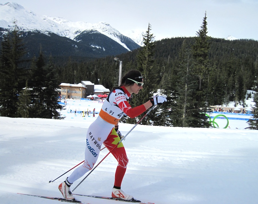 Sixteen hours after flying in from Sweden, Canadian World Cup Team member Dasha Gaiazova charges up the opening climb of Tuesday's 10 k classic interval start at 2013 Canadian Nationals in Whistler, B.C. She won the race by 1 minute 23 seconds.