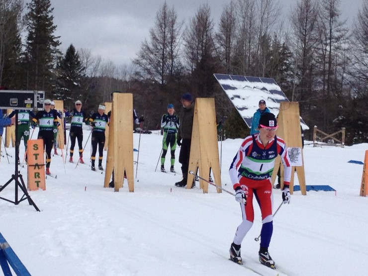 As the rest of the women's field waits for a full minute for their chance to start, SMS T2's Sophie Caldwell sets out en route to the tour title in Craftsbury on Sunday. Photo: Judy Geer.