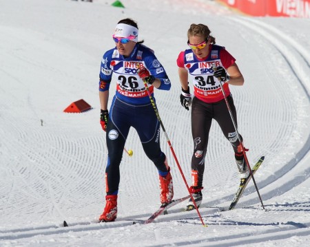 Ida Sargent (USA) skiing with Eva Vrabcova-Nyvltova (CZE).