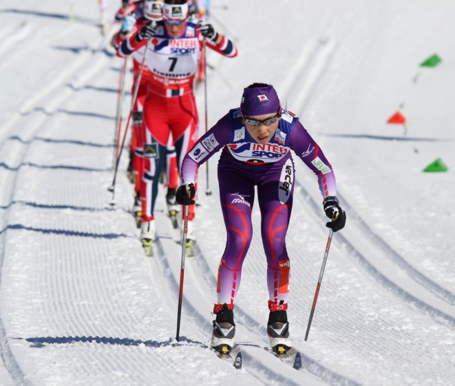 Japan's Masako Ishida briefly took the lead on the start of the third of six laps in Saturday's 30 k classic mass start at the 2013 World Championships in Val di Fiemme, Italy. She finished 10th. 