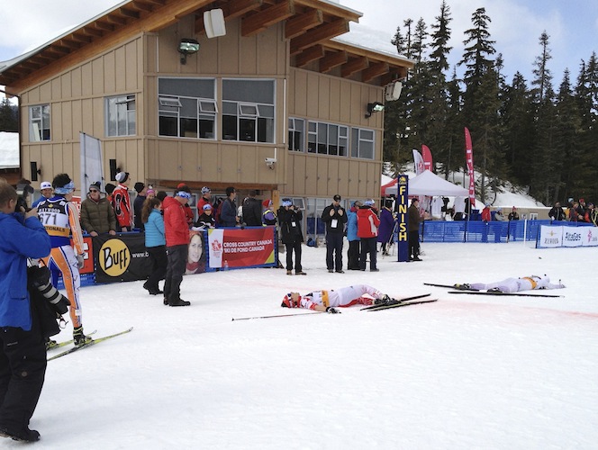 An exhausted top three after Saturday's freestyle team sprint final at 2013 Canadian Nationals in Whistler, B.C.