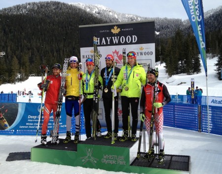 2013 Canadian Nationals 10 k freestyle men's podium, with winner Brian McKeever (third from r), Graham Nishikawa in second (second from l), Graeme Killick in third (second from r), Sylvan Ellefson in fourth (second from l), Marc-Andre Bedard in fifth (r) and Brian Gregg in sixth (l).