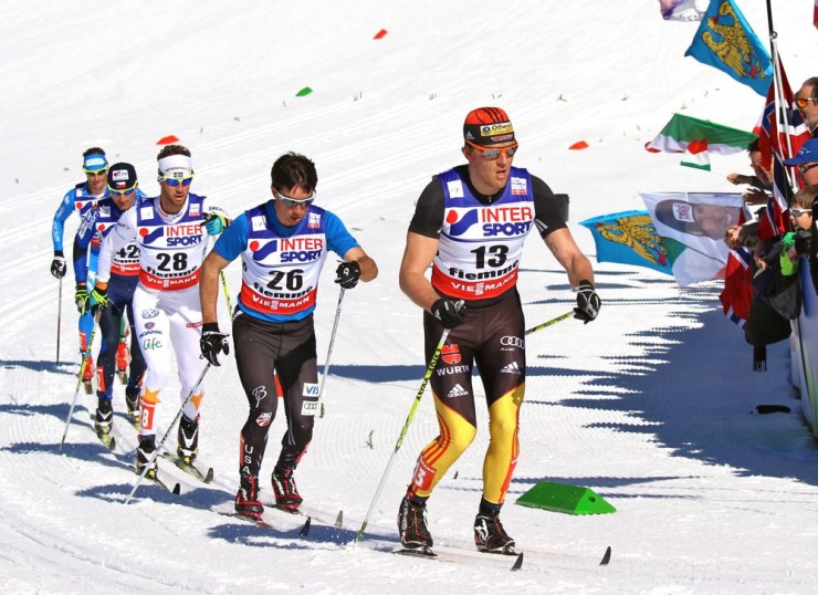 American Noah Hoffman (bib 26) skis in an early breakaway behind Jens Filbrich (GER) in the 50 k classic on Sunday at World Championships. He went on to finish 27th.