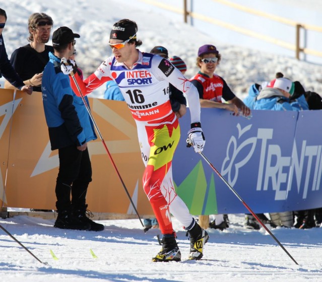 Canadian Alex Harvey on his way to placing 28th in Sunday's 50 k classic mass start at the 2013 World Championships in Val di Fiemme, Italy. 