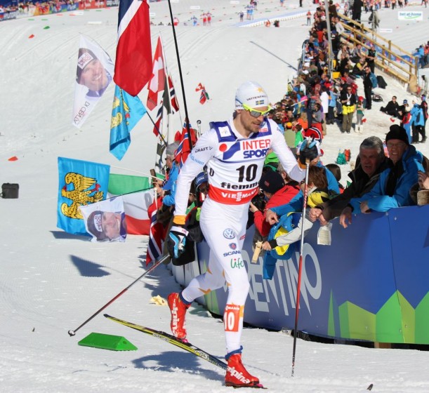 Sweden's Johan Olsson holding his own way off the front in the World Championships 50 k classic mass start Sunday in Val di Fiemme, Italy.