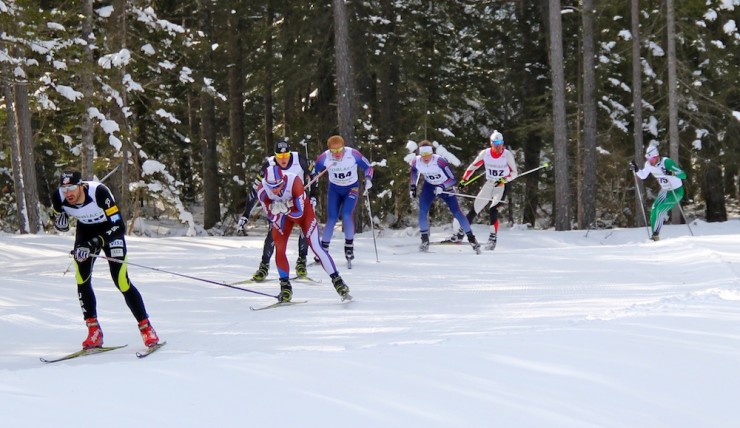Tarling, Bjornsen, Gelso and Johnson all skiing in a  pack. Photo: Bryan Fish.