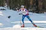 Katharine Ogden (Stratton Mountain School) racing to a J2 girls victory in Monday's 5 k freestyle opener at the 2013 Junior Nationals in Fairbanks, Alaska. (Photo: