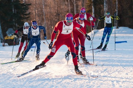 Norway's Martin Thon (9) leads Thursday's J1 boys freestyle sprint A-final while New England's Thomas O'Harra (2), Jack Schrupp (10), Rocky Mountain's Cal Deline (6) and two other Norwegians chase at 2013 Junior Nationals in Fairbanks, Alaska. (Photo: 