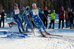 New England's Koby Gordon (Stratton Mountain School) leads Jake Bassett (Alaska Winter Stars) in Thursday's J2 boys freestyle sprint at 2013 Junior Nationals in Fairbanks, Alaska. (Photo: bertboyer.zenfolio.com. All proceeds go to NNF)