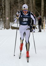 Colorado University-Boulder junior Rune Ødegård racing to an NCAA title in Thursday's 10 k classic individual start at Rikert Nordic Center in Ripton, Vt.