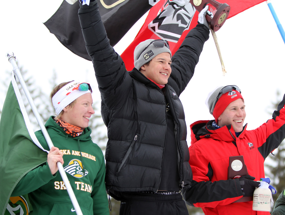 The men's 10 k classic individual start podium on Thursday at the 2013 NCAA Skiing Championships in Ripton, Vt. Colorado University's Rune Oedegaard in first (c), Mats Resaland of UNM in second (r), and Viktor Brannmark of UAA in third.