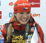 Gabriela Soukalova of the Czech Republic was speechless, but smiling, after winning the mass start in Khanty-Mansiysk today.