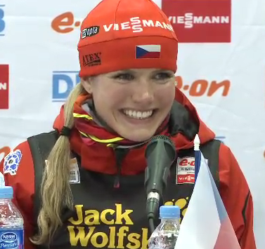 Gabriela Soukalova of the Czech Republic was speechless, but smiling, after winning the mass start in Khanty-Mansiysk today.