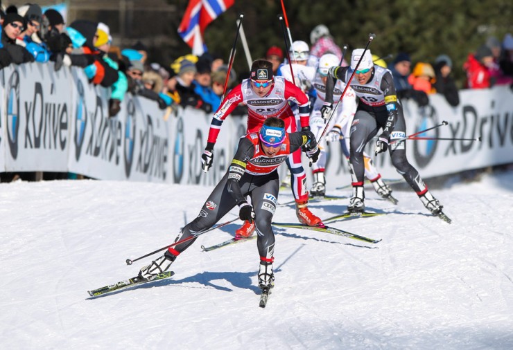 Sadie Bjornsen (bib 13) skiing with Kikkan Randall  (USA) and Celine Brun-Lie (NOR) in the semifinals of the freestyle sprint in Lahti, Finland, on Saturday. She finished a career-best ninth. Photo: Fischer/Nordic Focus.
