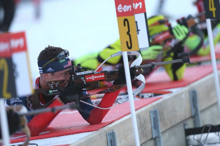 Tim Burke on the range during the pursuit race in Oslo. The American climbed from 32nd to 15th while racking up the ninth-fastest course time. Photo: USBA/NordicFocus.