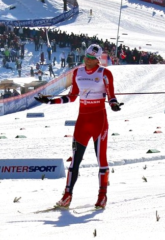 Petter Northug sealing a relay victory for Norway at the 2013 World Championships in Val di Fiemme, Italy.