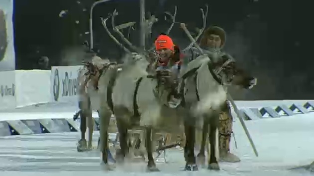 Thursday's IBU World Cup 7.5 k sprint winner, Gabriela Soukalova of the Czech Republic enjoys a reindeer-drawn sleigh ride with Germany's second- and third-place finishers in Khanty-Mansiysk, Russia.