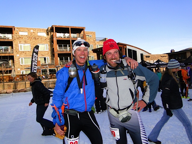 Former Dartmouth nordic teammates, Linden Mallory (l) and Ben Koons stand together at the finish of 2013 Grand Traverse on March 30 in Aspen, Colo., where they placed fifth. (Courtesy photo)