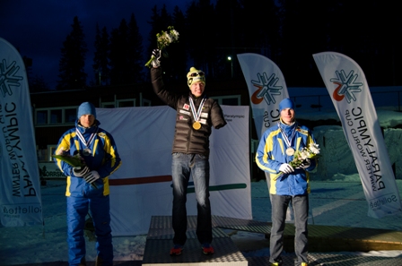 Canadian Para-Nordic World Cup member Mark Arendz (c) tops the podium for the first time at 2013 IPC Biathlon World Championships in Solleftea, Sweden. (Photo: CCC)